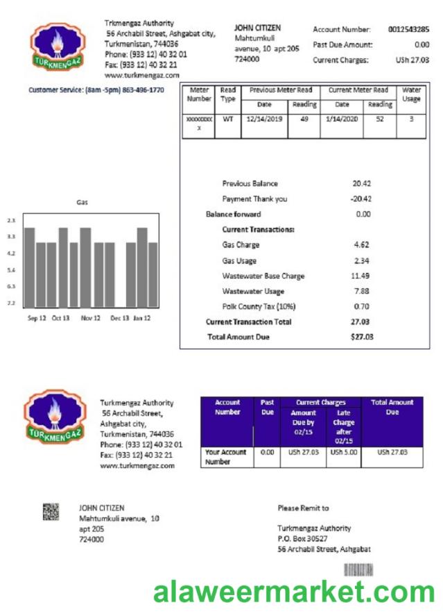 Turkmenistan Turkmengaz utility bill template in Word and PDF format